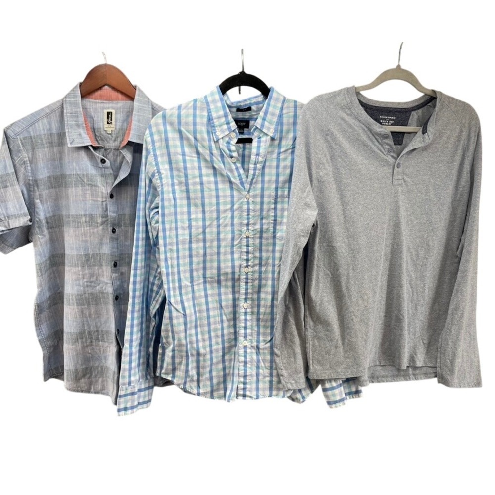 Howe J.Crew Banana Republic Shirts Men L Bundle Blue Grey Stripe Gingham Henley